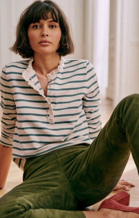 Sezane Tops - Sezane Gael Mariniere Striped Ruffle Henley Top S Sage Ecru